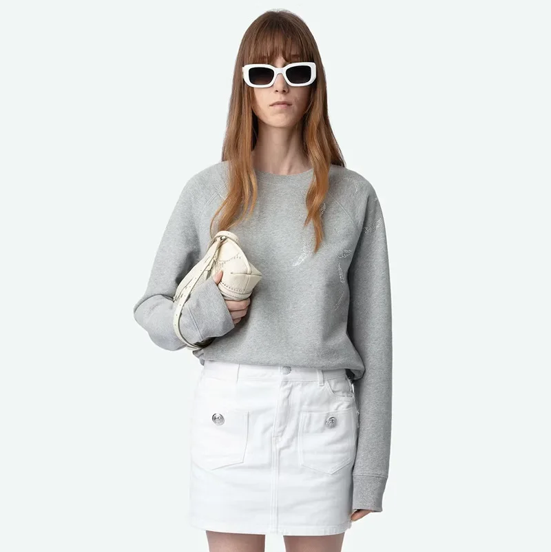 2024 Winter New French Niche ZV Classic Wings Hot Diamond Fleece Cotton Fleece Women's Crew Neck Sweater