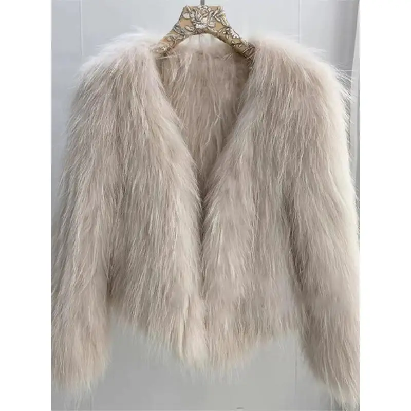 Women Shaggy Faux Fur Jacket V Neck Long Sleeve Cropped Fluffy Warm Winter Coat Streetwear