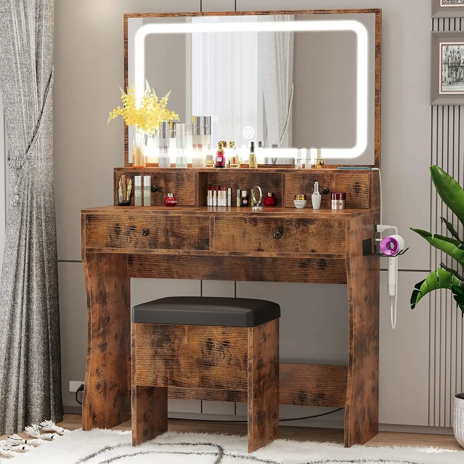 

Vanity Desk with LED Lighted Mirror & Power Outlet & 4 Drawers, Dressing Makeup Table Set with Storage Stool
