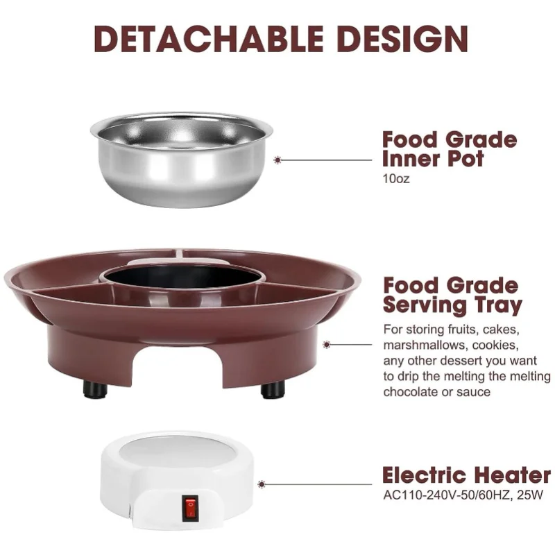 25W Electric Chocolate Melting Pot Stainless Steel Fondue Set For Dipping Drizzling Decorating Strawberries