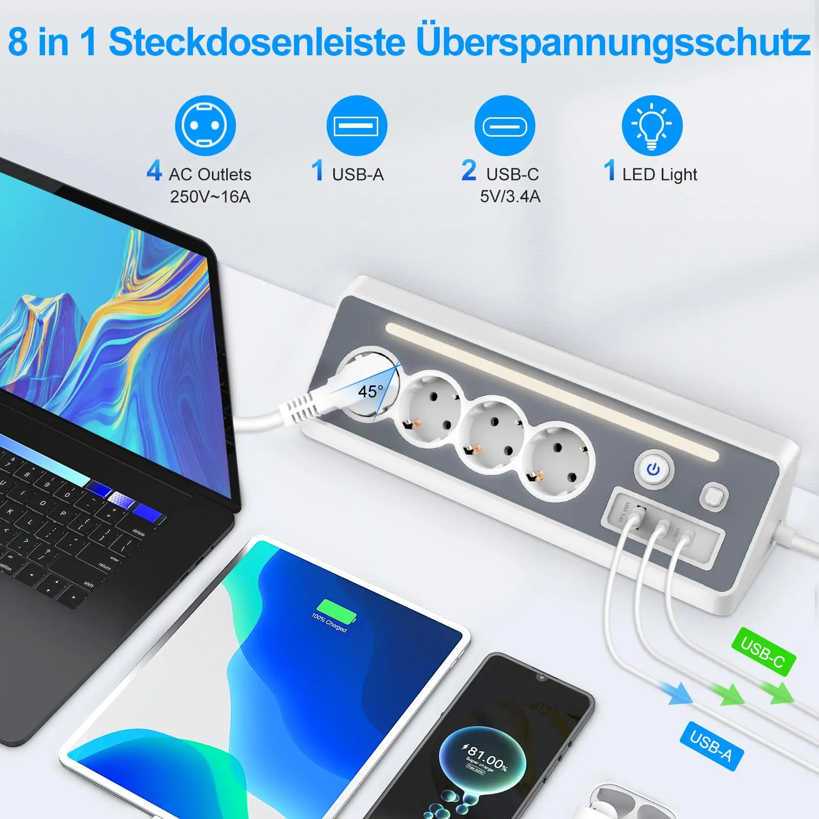 HITRENDS 8-in-1 Corner Socket | LED Night Light + 4 AC + 3 USB Smart Charging | Suitable for Kitchen / Bedroom / Office