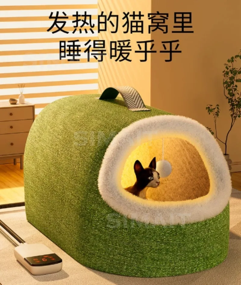 Heated Cat House for Winter, 30W Enclosed Kitty Bed with Thermostat, 900D Oxford Foldable Shelter & Safe Heated Pad