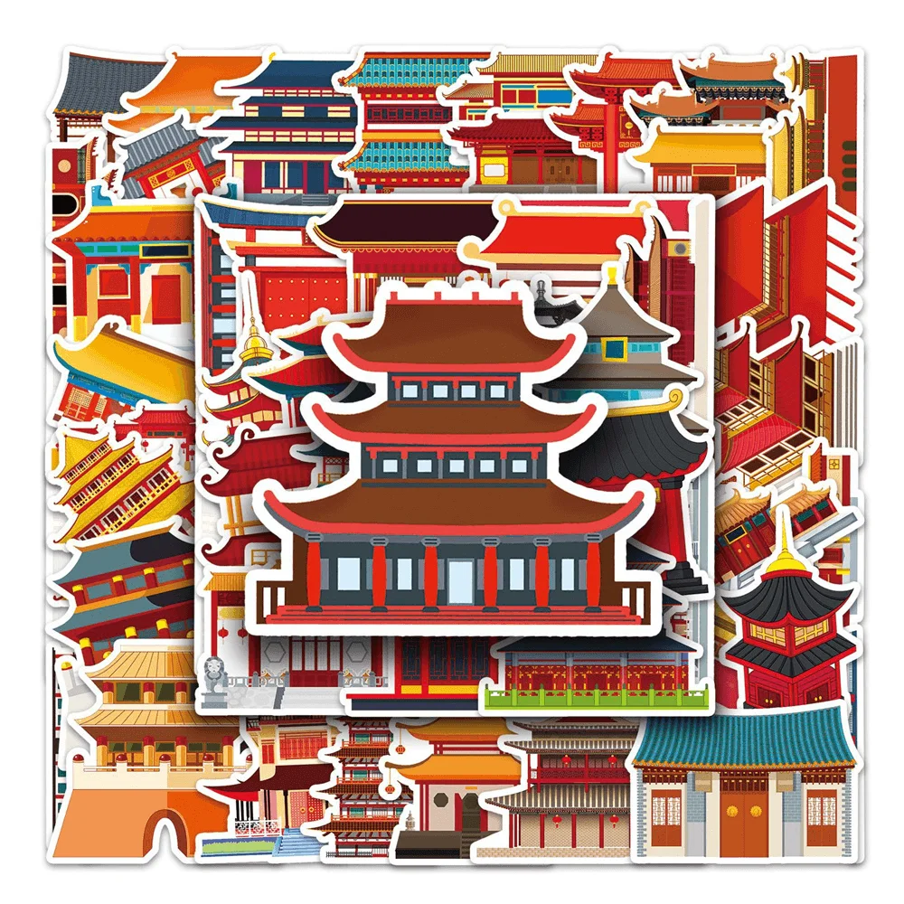 50pcs Chinese Ancient Architecture Stickers For Laptop Phone Stationery Scrapbooking Material DIY Vintage Sticker Craft Supplies