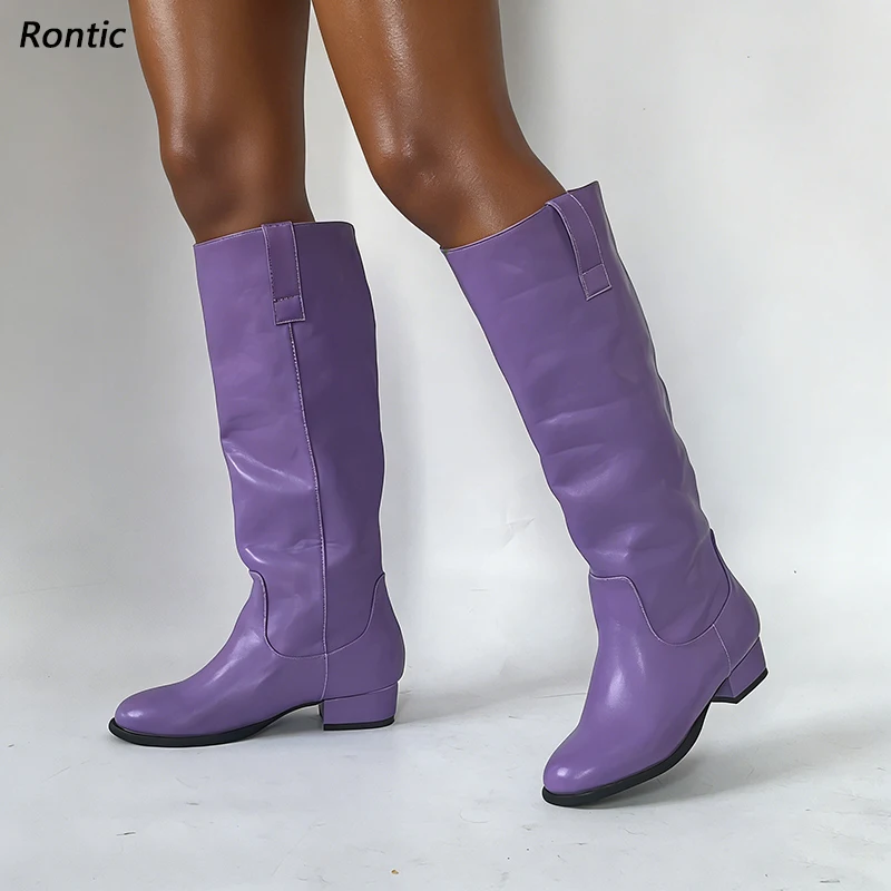

Handcrafted Women's Leather Boots: Trendy Lavender Color, Low Block Heel, Knee Length, Fashionable Design Size 5-20