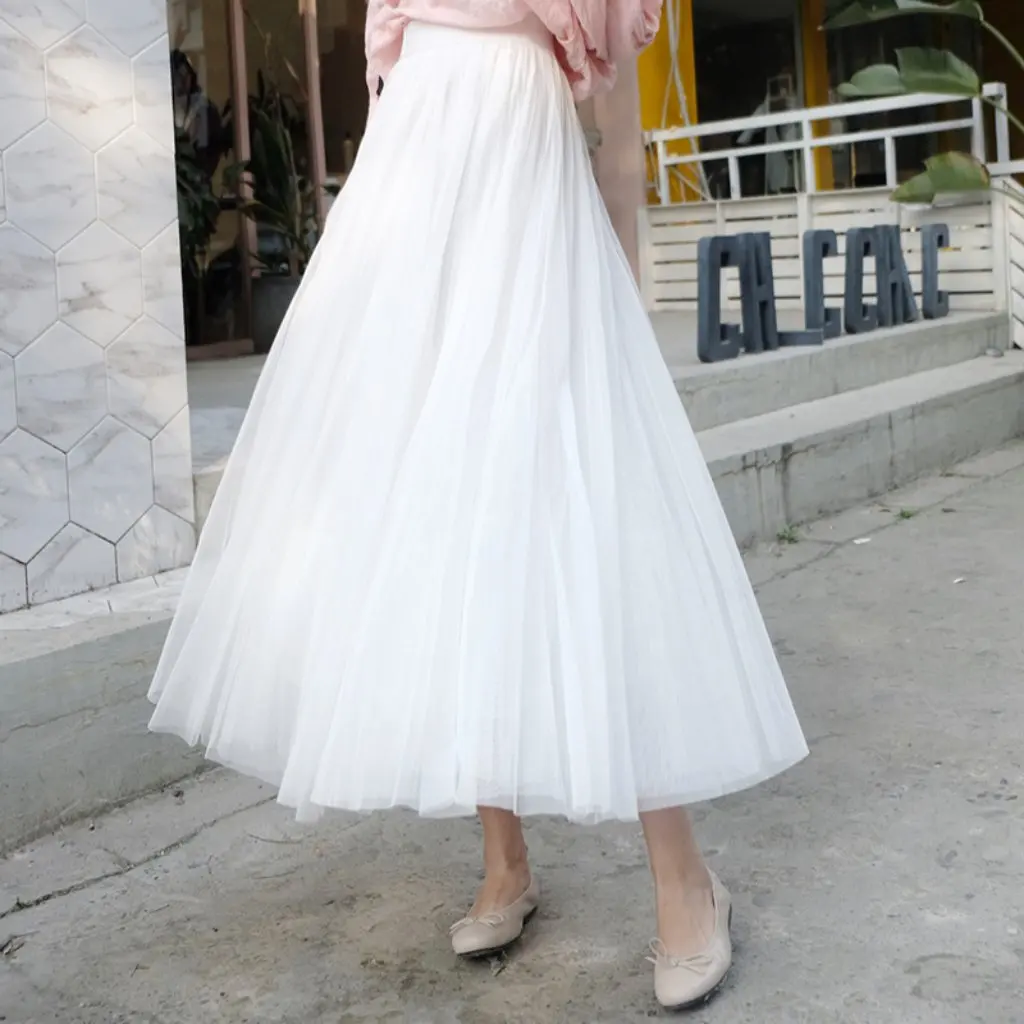 

Large Swing Mesh Skirt for Women High Waist Pleated A-Line Long Skirt Dancewear Elegant Flowy Half Skirt