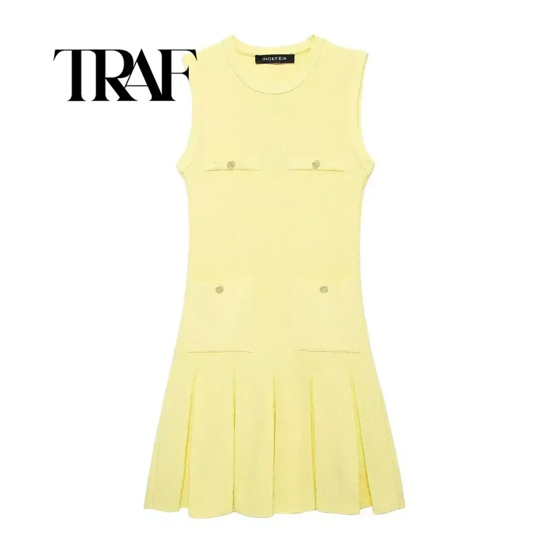 TRAF Women\'s Pale Yellow Knitted Pleated Dress Summer Fashion Pockets O-Neck Sleeveless A-line Mini Dress