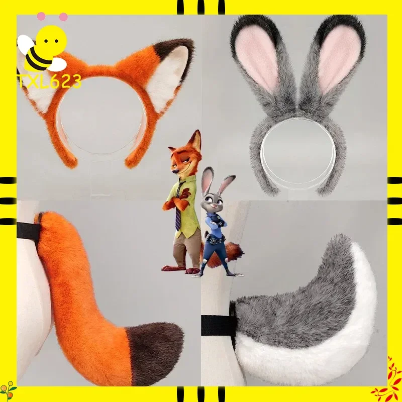

New Judy Nick Cos Animal Zootopia Headband Rabbit Fox Ear Tail Cosplay Toys Stage Dress Up Set Adult Carnival Costume Gifts