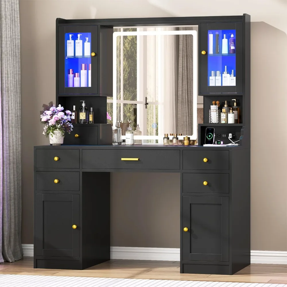 Makeup Vanity Desk with Mirror and Lights, Black Vanity Table Set with Charging Station, Dressing Table with RGB