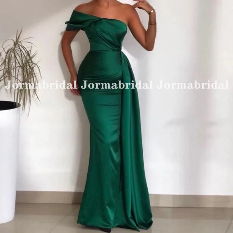 

Emerald Green Satin Prom Dress One Shoulder Ruched Long Ribbon Evening Dresses Occasion Gowns vestido de fiesta de graduación