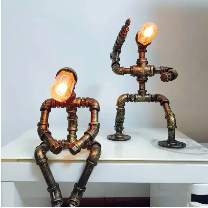 Vintage Steampunk Desk Lamp Pipe Light Unique Industrial Style Robot Bedside Table Lamp for Bedroom Restaurant Cafe Decoration