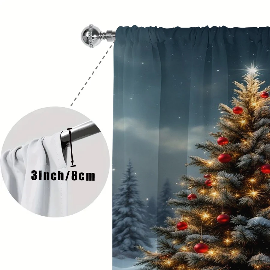 2PCS Snowy Christmas Tree Curtains, Starry Night Winter Forest Glowing Light, Magical Holiday Window Drapes for Bedroom Living