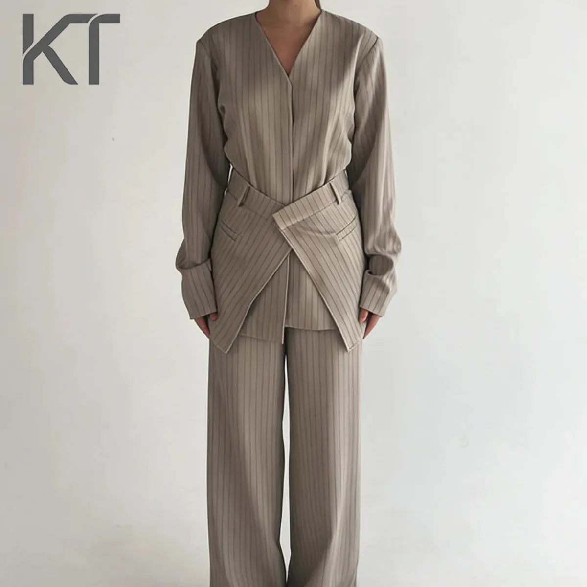 

KT 2026 New Women 2 Piece Pants Set Pinstripe Wrap Blazer V Neck Belted Waist Asymmetric Hem Wide Leg Trousers Taupe Outfit