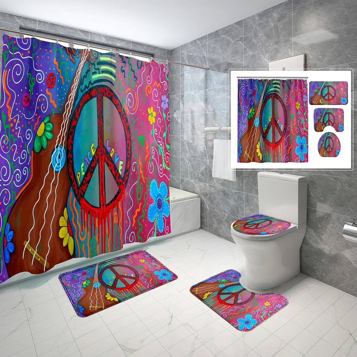 4 Sets Peace Sign Pattern Shower Curtain Set with Non-Slip Bath Mat,Toilet Lid Cover Vintage Doodles Pattern Shower Curtain Sets