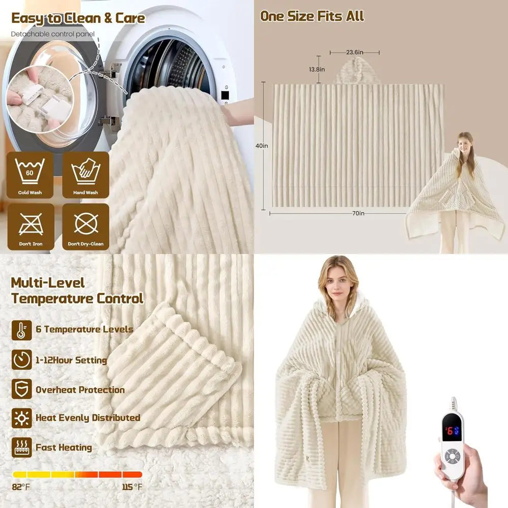 

Wearable Electric Blanket with Hood & Pockets, 6-Level Heating, 12-Hour Timer, Machine Washable (Beige, 40x70)
