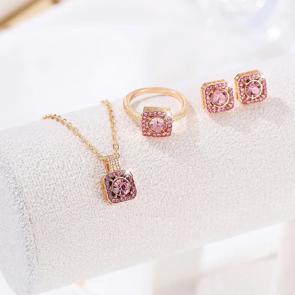 مجموعة مجوهرات مكعبة فاخرة قطعة واحدة، قلادة نسائية أنيقة، مجموعة أقراط وخاتم، هدية مثالية لعيد الحب، هدية عيد الميلاد، ثنائية #1