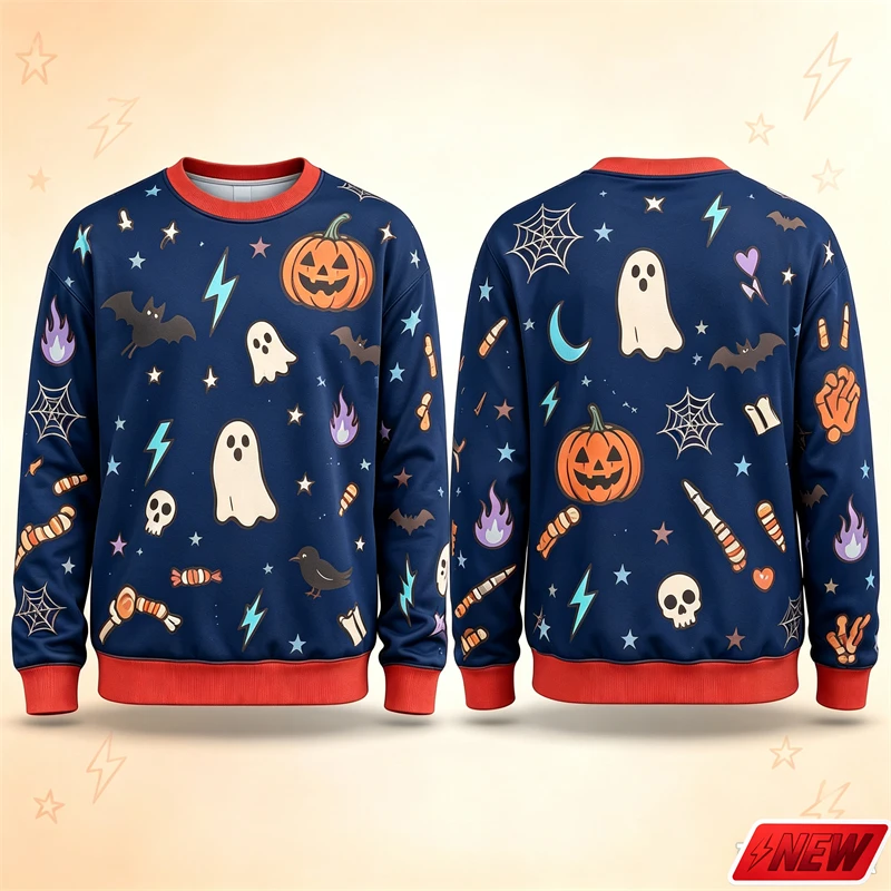 Halloween Men Crew Neck Sweatshirt Cute 3d Print Cartoon Pumpkin Ghost Skull Candy Pattern Long Sleeve Pullover Hoodie Unisex