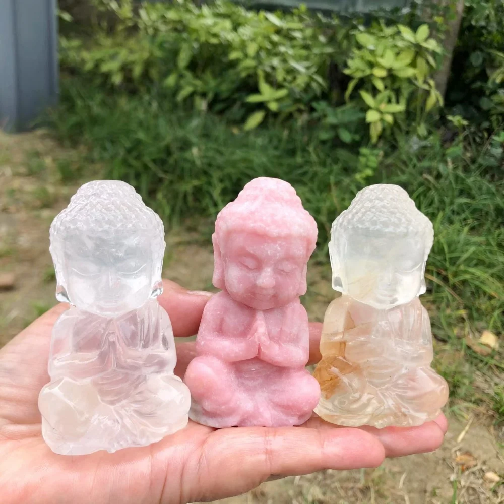 8cm Natural Crystal Mini Baby Buddha Statue, Clear Quartz Pink Opal Buddha Carving Healing Stone Figurine, Spiritual Decor