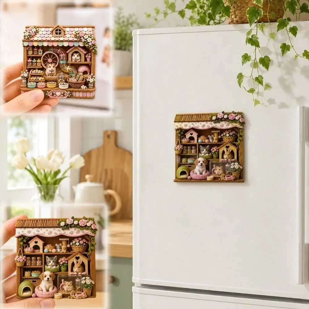 Cute Resin Pet House Fridge Magnet 3D Raised Relief Cartoon Puppy Hamster Magnetic Ornament Refrigerator Decoration Home Decor