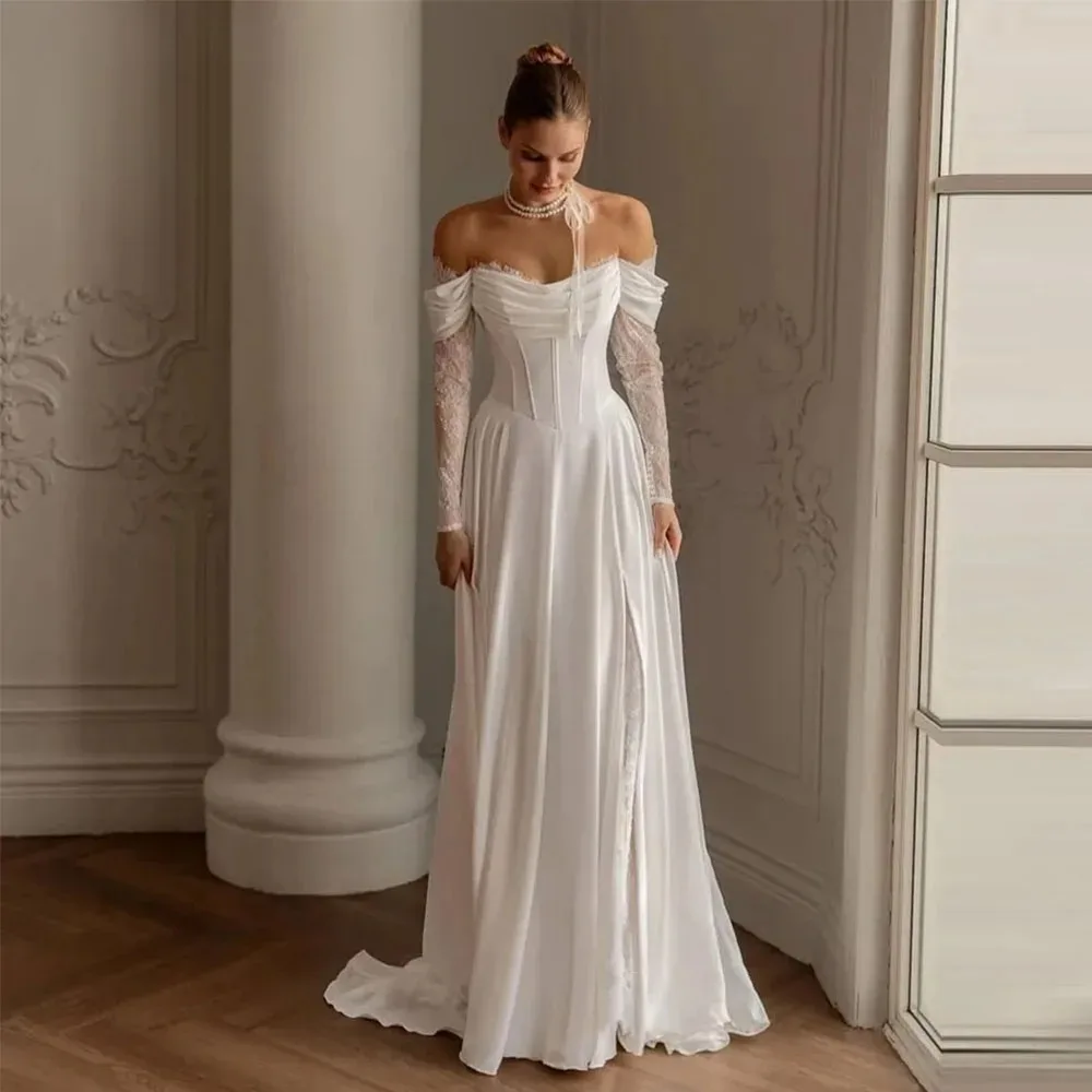 Elegant Ivory Satin Wedding Dresses Off Shoulder Lace Long Sleeves Bridal Gowns A line Long Robe De Mariée Customized