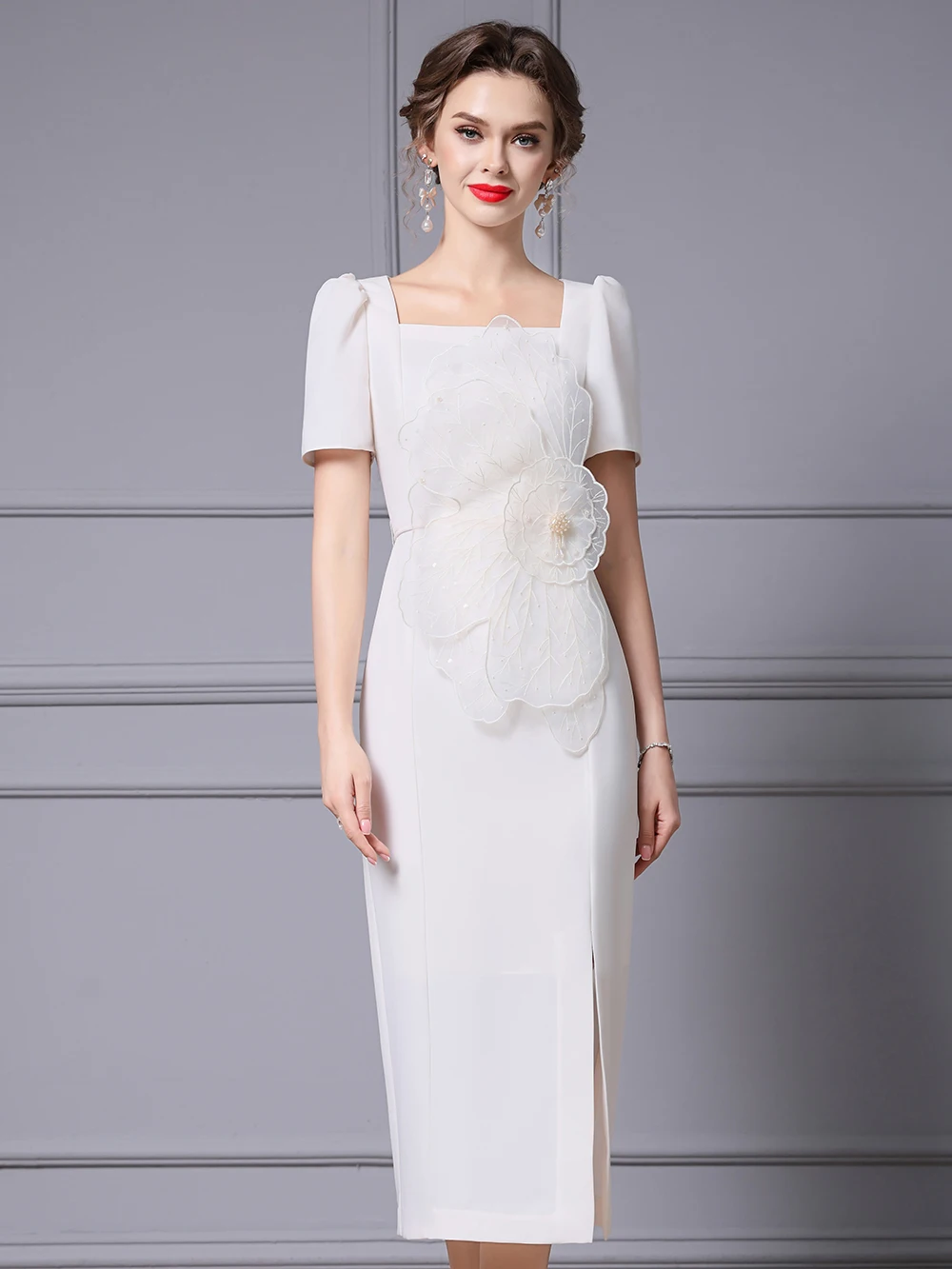 Ele White Evening Dr Damen-Sommer-Neues Sle 2025, bodenlanger Wickel-Körperrock, europäischer Organza-3D-Blume, hohe Taille