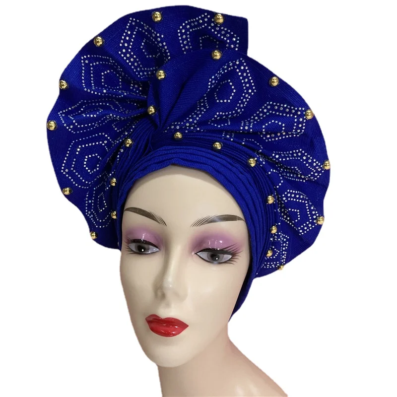 African Sego Headtie Headwear Blue Rhinestone Nigerian Gele Wholesale African Sego Gele For Women 2368