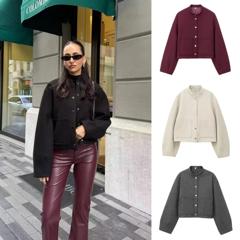 

Короткая бейсбольная куртка с накладными карманами, свободная женская куртка с длинными рукавами и 3D-кройкой