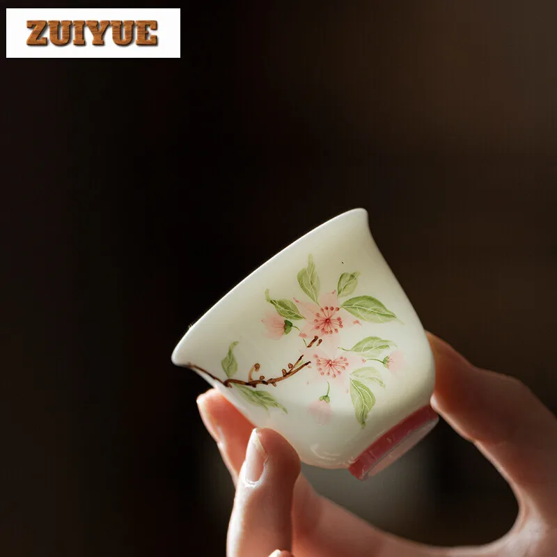 2pc/set Pink Hand-painted Peach Blossom Tea Cup Handmade Thin Tire Single Master Cup Gathering Fragrance Mug Kung Fu Teaset 45ml