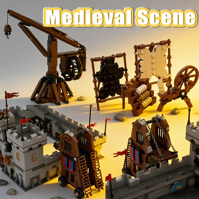Medieval Castle Scene Building Blocks Soldier Figures Knight Furniture Cannon Sheepskin Rack Military Siege Engine Bricks Toys