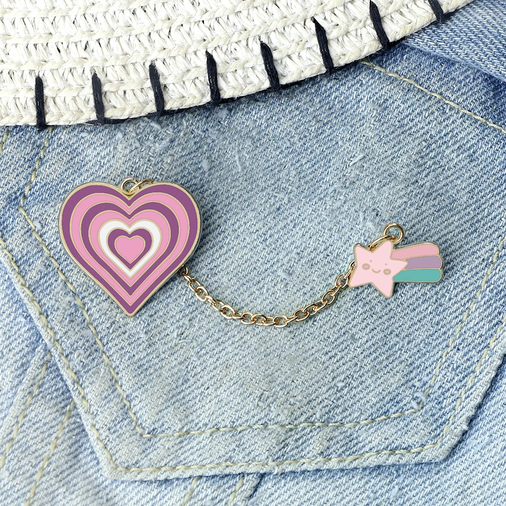 Cartoon Love Heart Enamel Pin Smiling Star & Rainbow Design Alloy Chain Brooch Badge Fashion Jewelry Clothing Bag Women Men Gift