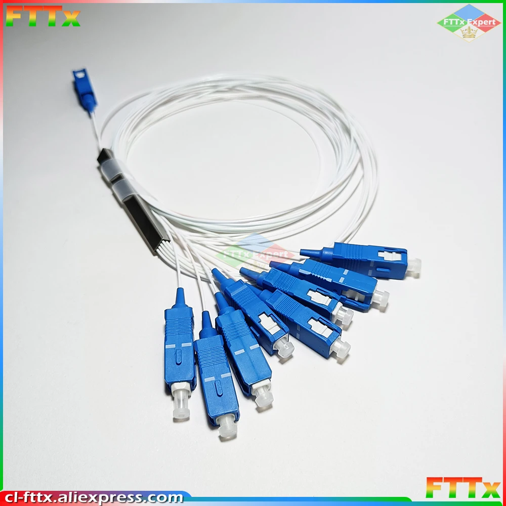 

Free Shpping 10pcs/lot 1X8 SC/UPC PLC Splitter SM Single Mode 0.9mm G657A1 LSZH PVC 1m FTTH Fiber Optic Splitter