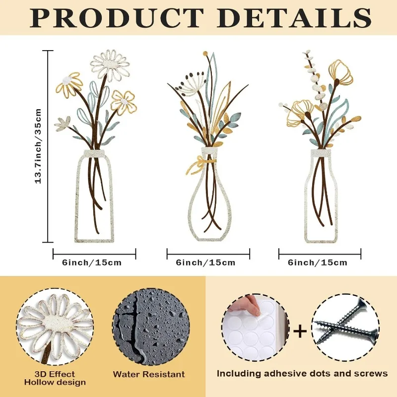 3pcs Metal Flowers Wall Decoration Crafts Rustic Style Minimalist Art Home Living Room Bathroom Bedroom Creativity Wall Hanging