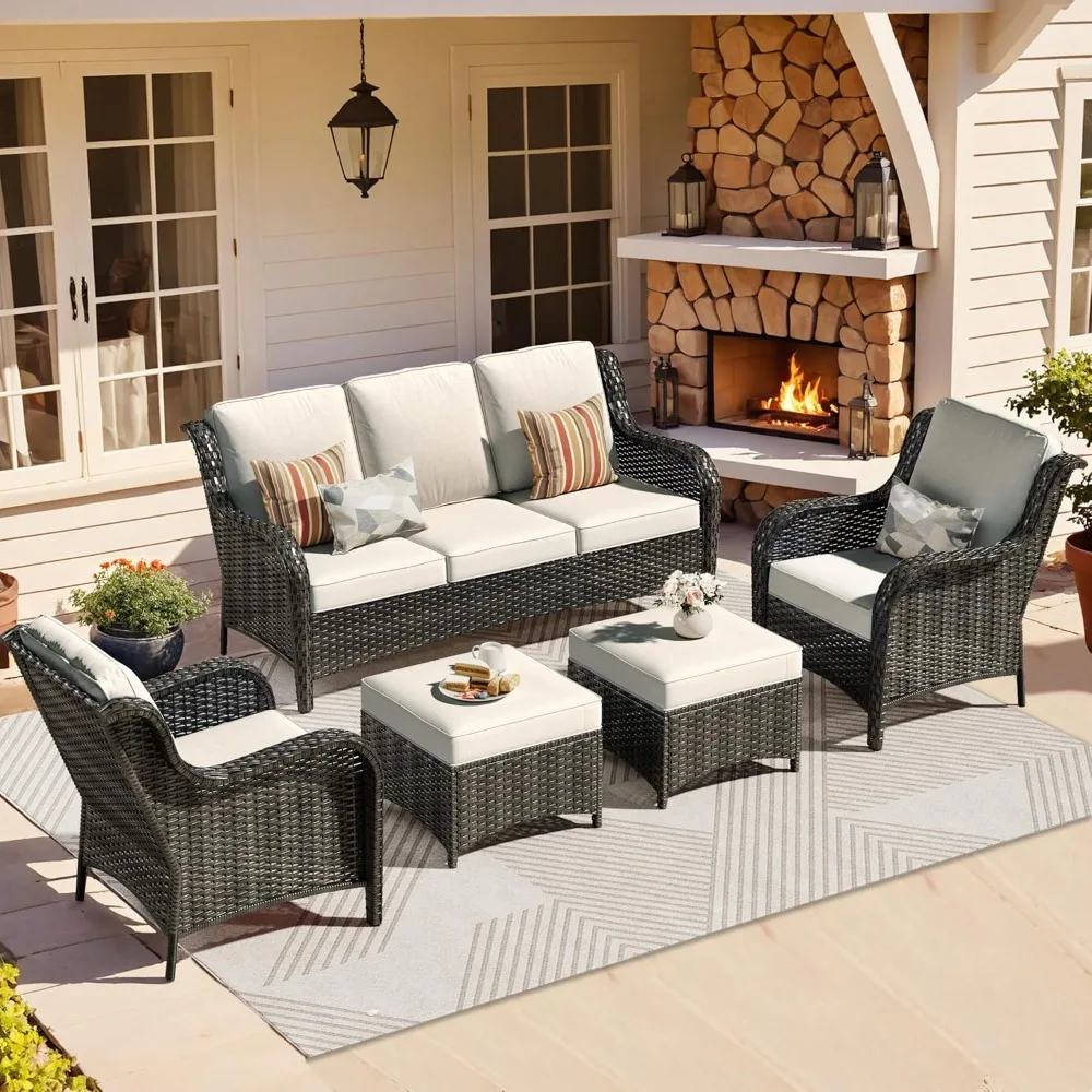 

5 Pieces Patio Furniture Set, Outdoor Wicker Sofa Couch with Ottomans Comfy Cushions, All Weather High Back Conversation Set