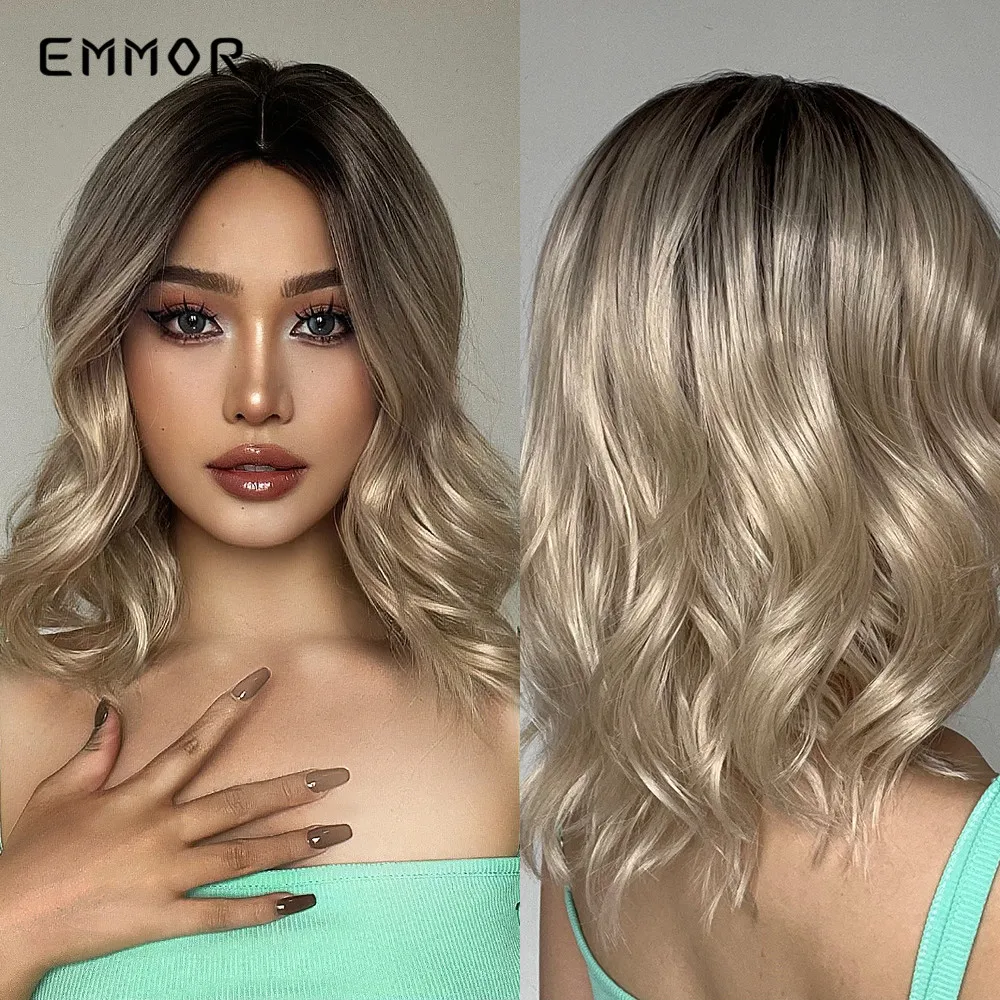 

Emmor Synthetic Long Wavy Wigs with Bangs Cosplay Natural Ombre Black to Ash Brown Hair for Women High Temperature Fiber Wig