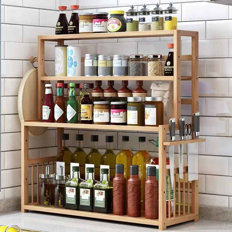 

Bamboo Shelving Multi-Layer Simple Seasoning Rack Large Capacity Storage Organization Shelf To Save Space Kitchen Accessories