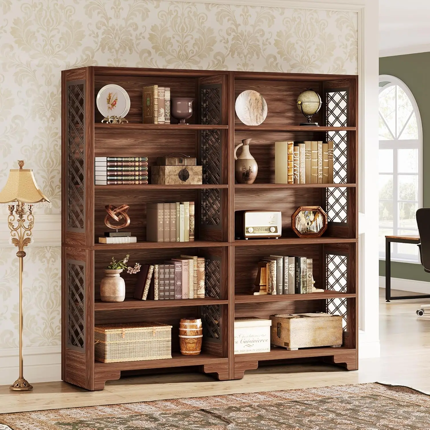 6-Tier Bookcase, 70.8" Vintage Tall Bookcase, Floor Standing 5-Shelf Display Rack Storage Shelves Mid-Century Bookcase for Home