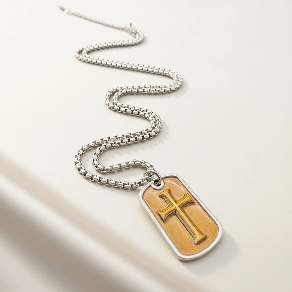 Two‑Tone Enamel Tag Pendant Necklace, Embossed Cross Rectangle Dog Tag Clavicle Chain, Retro Fashion Jewelry Gift for Men Women