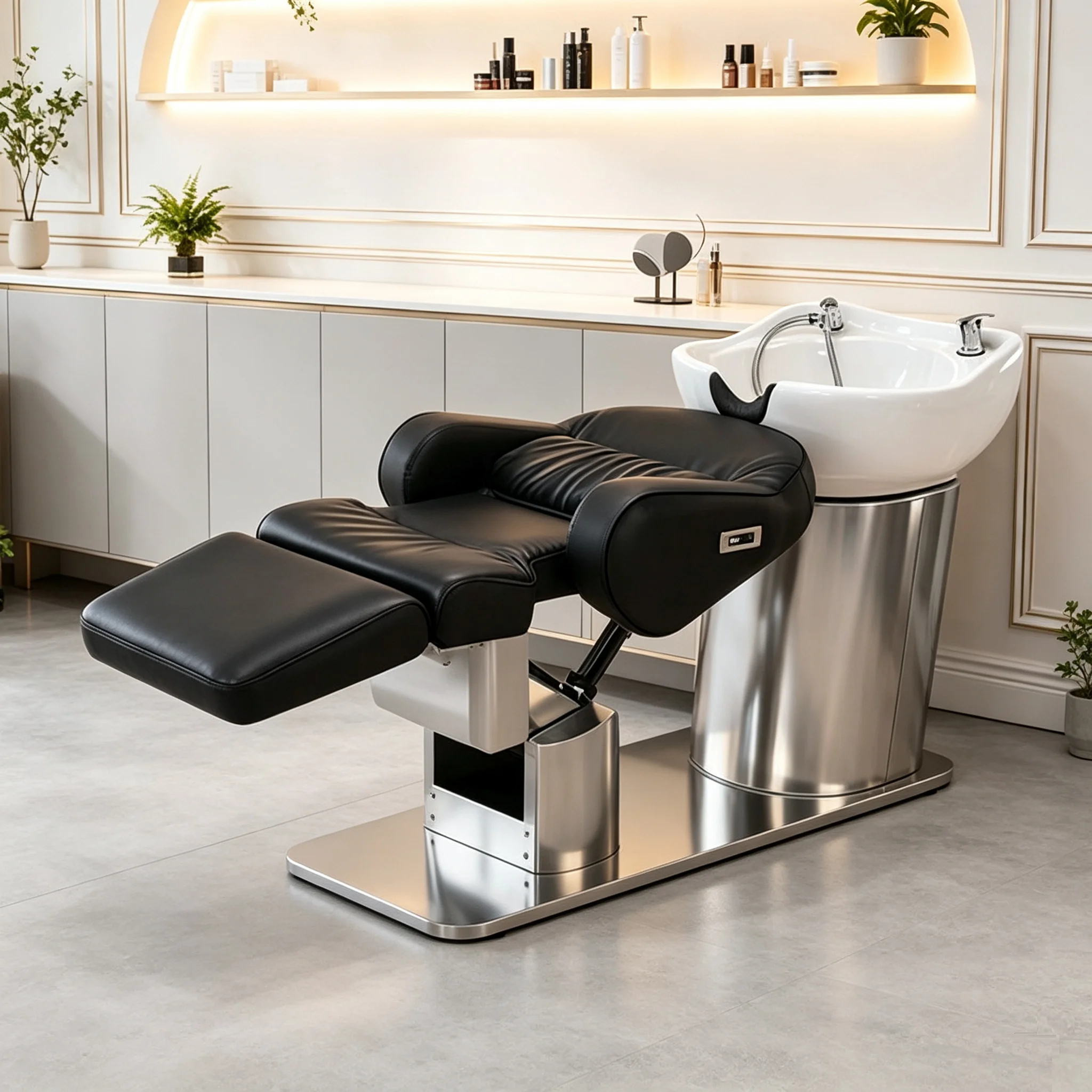 Electric reclining shampoo chair, adjustable shampoo bed, with ceramic basin, stainless steel base, commercial shampoo table