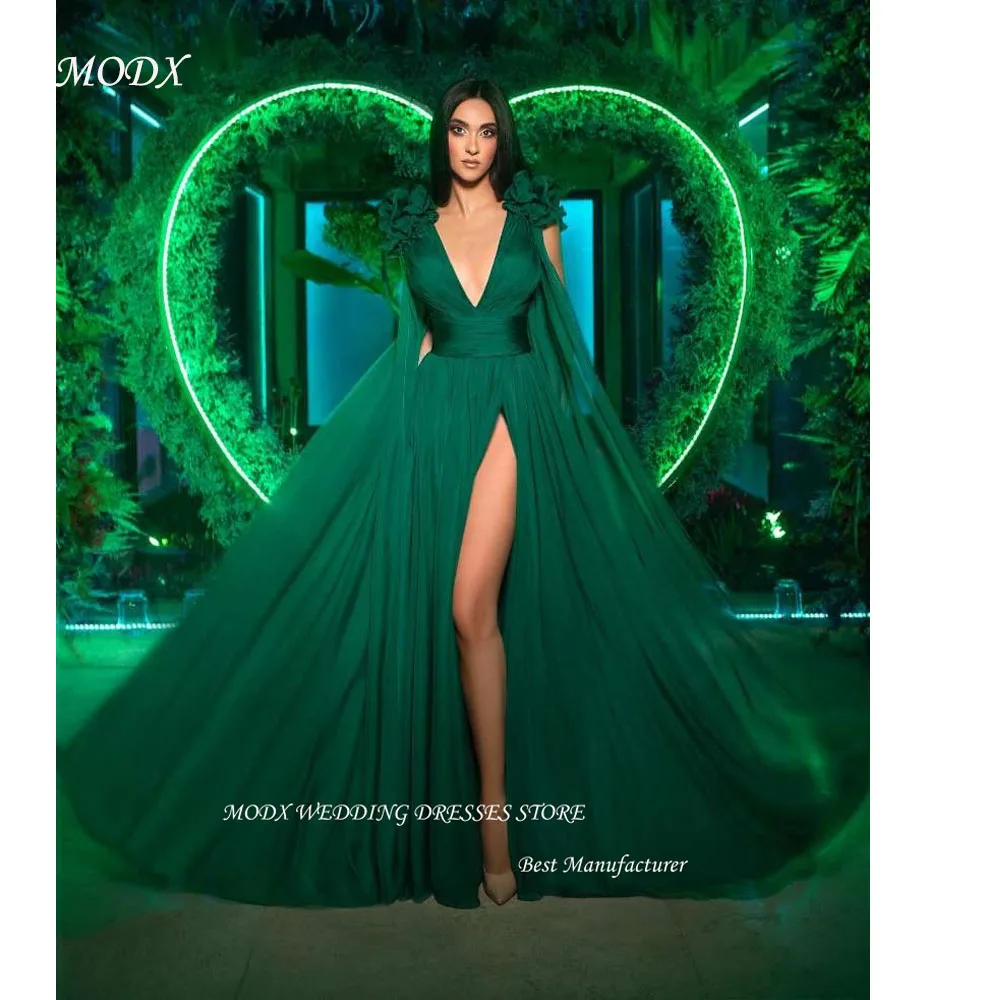 MODX Royal Green Silk Evening Dresses Dubai Arabic Women V Neck Shoulder Split Sexy Prom Gowns Formal Party Dress Vestidos