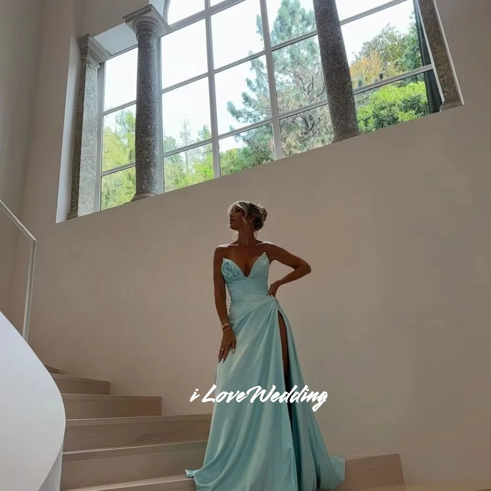 Robe De soirée en Satin vert, col en v, ligne a, fleur 3D, sans manches, fente latérale, élégante, longueur au sol, plissée, personnalisée