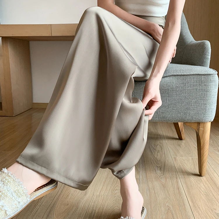 

2024 New Women's Summer Fashion Ice Silk Wide-leg Pants Female Thin Solid Color Pant Ladies High Waist Loose Casual Trousers W18