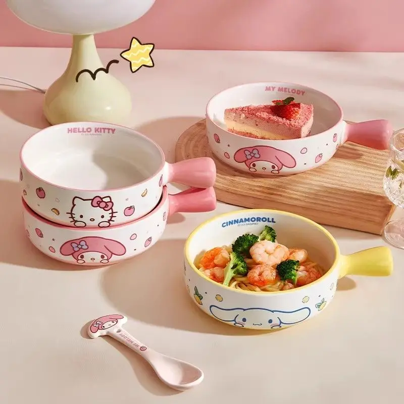 

Sanrio Melody HelloKitty Handle Bowl Family Expenses Pottery and Porcelain Bake A Bowl Dormitory Student Salad Instant Soup Meal