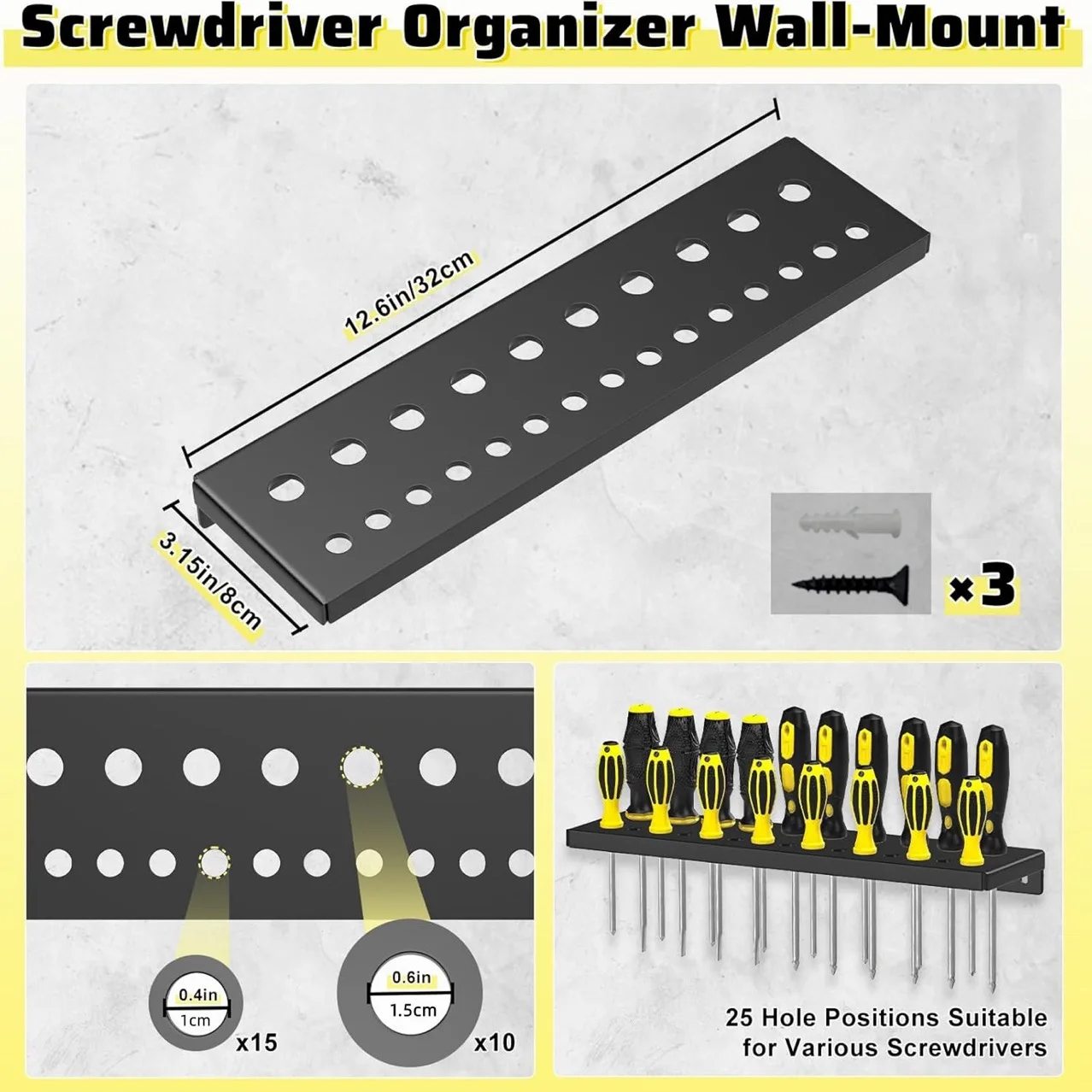 Screwdriver Holder, Wall Mount Storage Rack Organizer for Workshop, Shed, Garage, Home