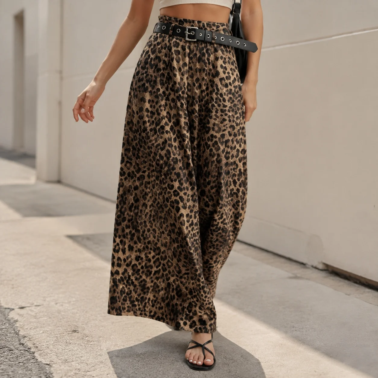 Wide Leg Leopard Print Pants Full Length Ins Style with Streetwear No Stretch Regular Thickness Belt Mid Waist Women Pants