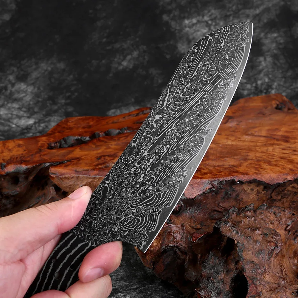 RHON 7inch DIY Santoku Knife Blade Full Tang SharpBlack Damascus Steel Japanese Kitchen Meat Slicing Blank Knives Without Handle view 4