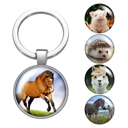 Popular Jewelry Glass Pendant Alloy Keychain Cute Animals Horse Hedgehog Yangtuo Pattern Gifts for Family or Friends