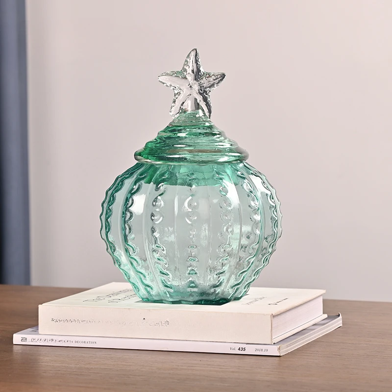 Simple Mediterranean Blue Green Ocean Five-Pointed Star Glass Storage Jar Household Storage Candy Box Sample Room Decoration