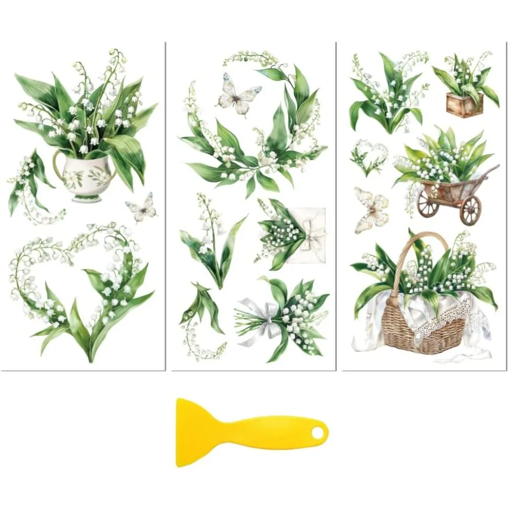 3 Sheets 3 Styles PVC Waterproof Decorative Stickers Self Adhesive Floral Decals for Furniture Decoration May Lily of the Valley