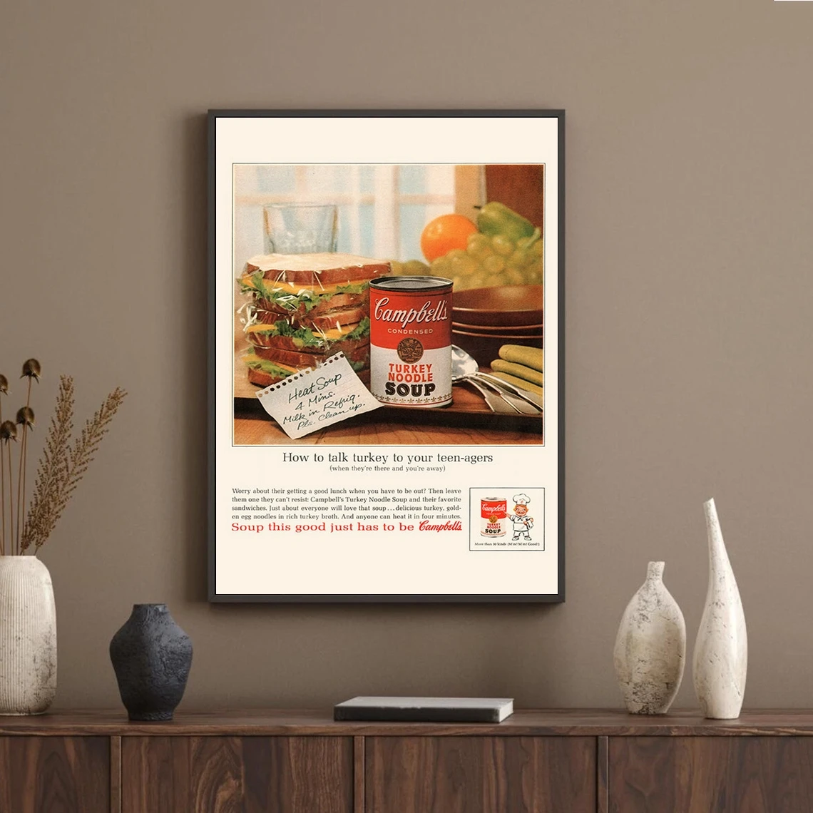 POSTER HEARTY LUNCH - Anuncio de sopa de fideos de pavo - Anúncio retro de mediados de siglo - Americana de los años 50, anuncio retro, cartel de kitsch, decoración retro para el hogar