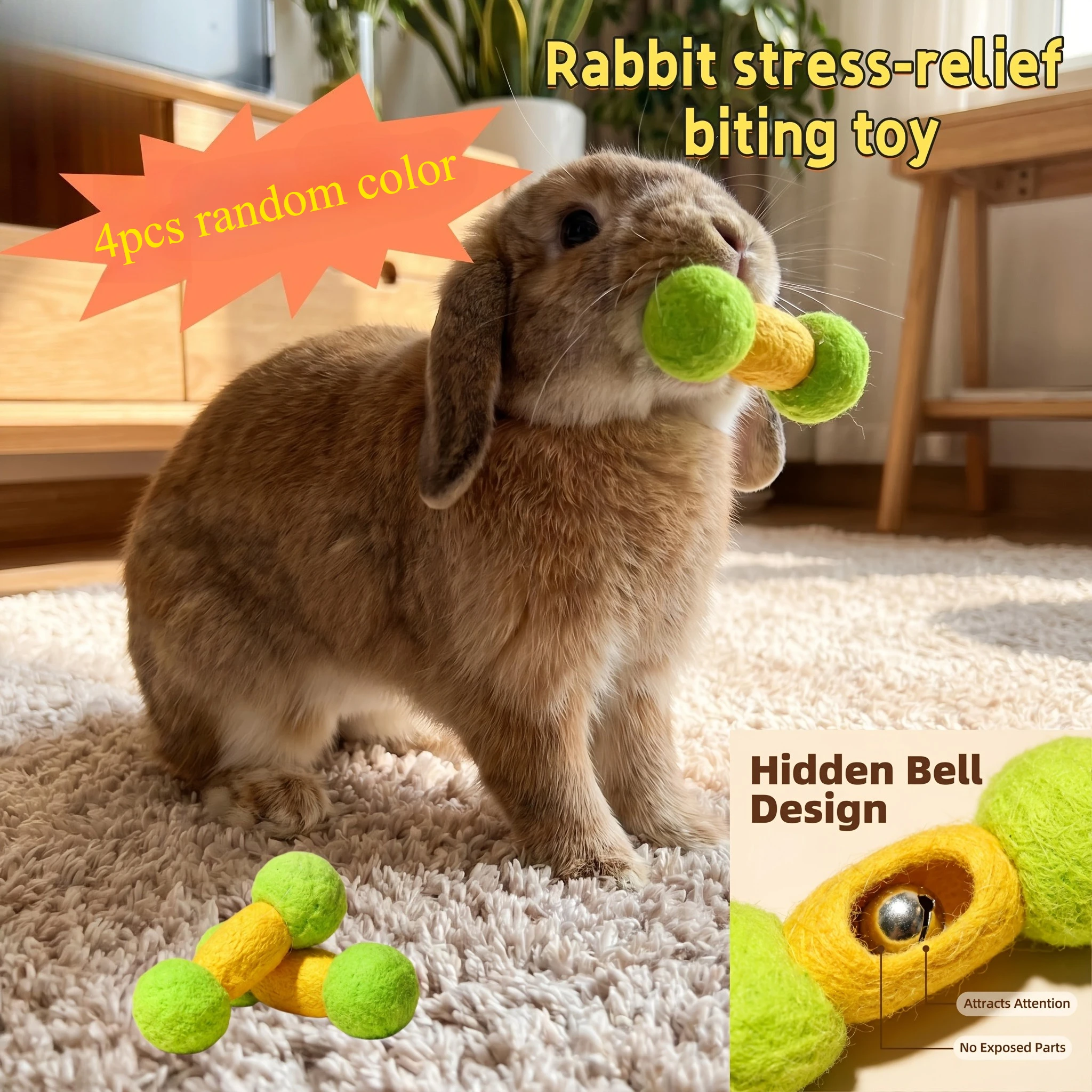 4Pcs Dumbbell Style Pet Play Balls with Internal Bell, Random Color Felt Toys for Small Pets To Chew, Help Burn Extra Energy