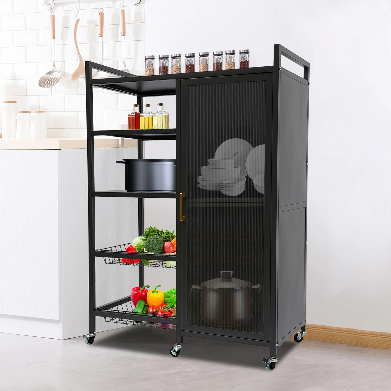 

Multi-Functional Floor-Standing Kitchen Storage Cabinet with Double Doors – Multi-Layer Fruit and Vegetable Basket Organizer